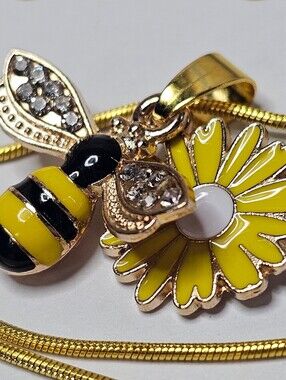 Yellow Enamel Bee and Daisy Pendant Necklace